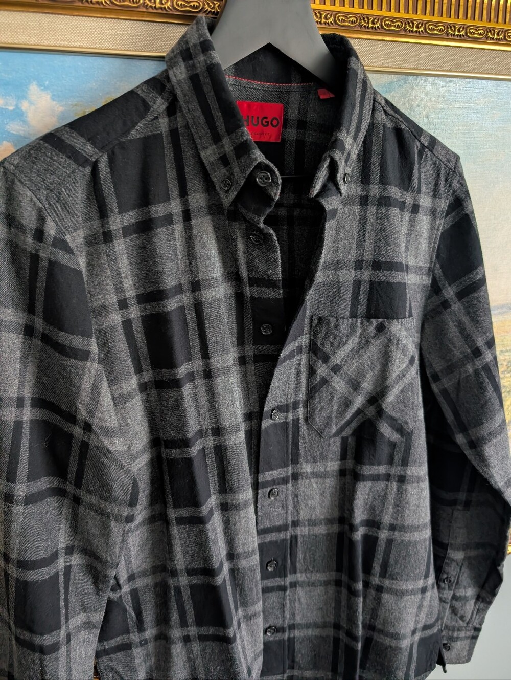HUGO Black and Gray Plaid Heavy Flannel Shirt